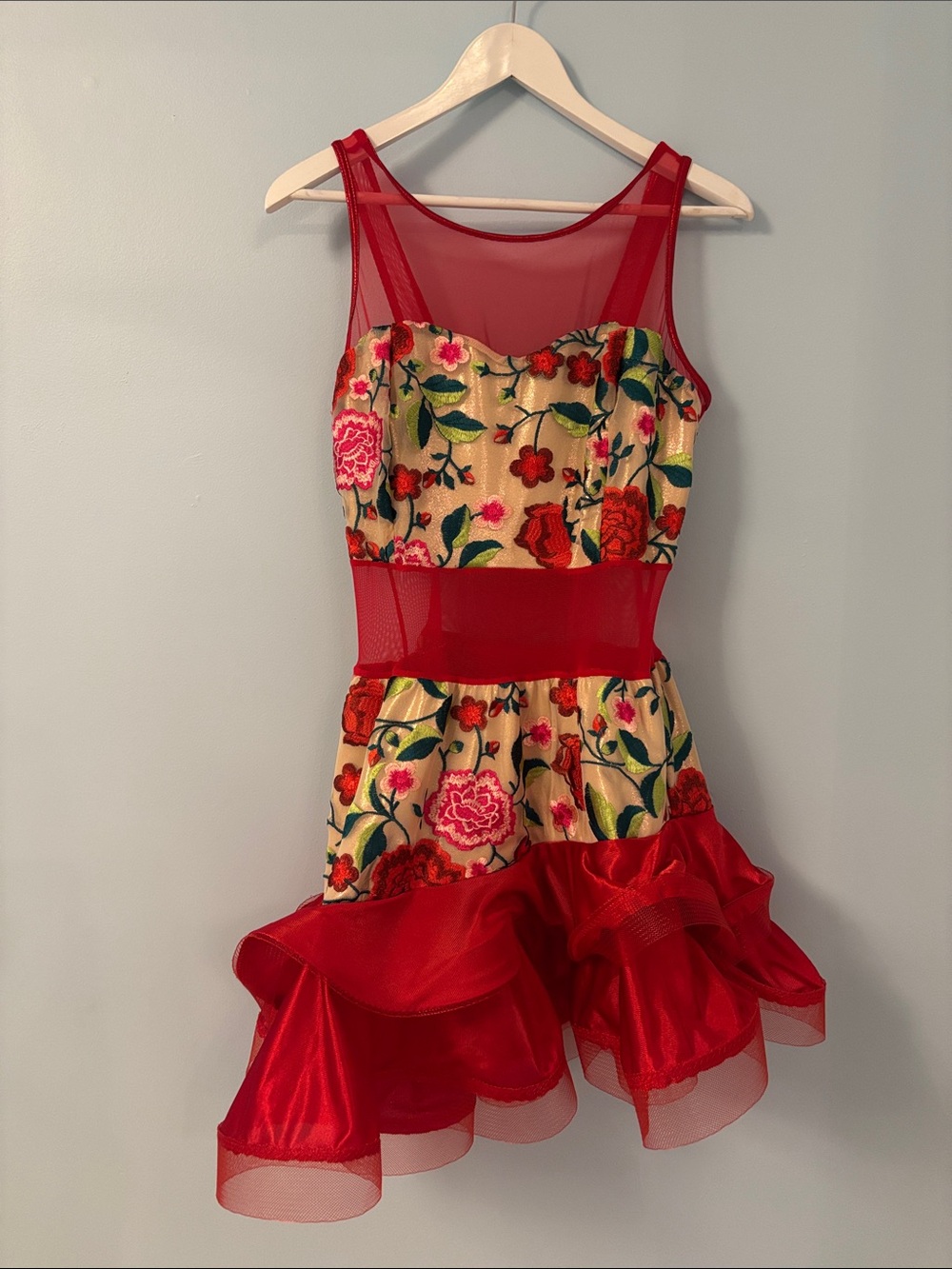 Red Floral Mesh Dance Costume Dress for  Women